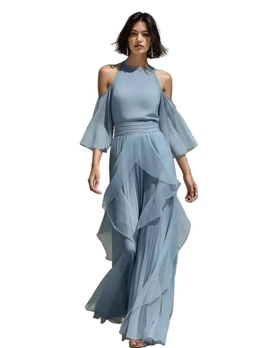 Women's straight-leg chiffon pants set in light blue— front view showing full-length silhouette Women's straight-leg chiffon pants set in light blue— front view showing full-length silhouette