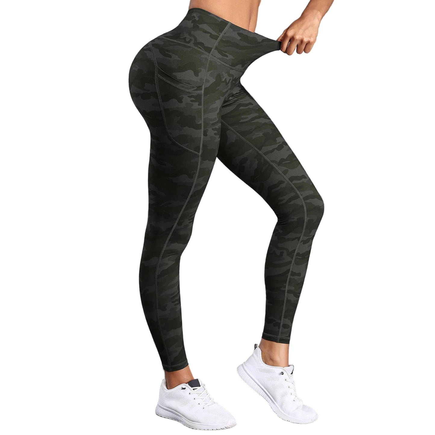 Women wearing high waist camo sports leggings during workout