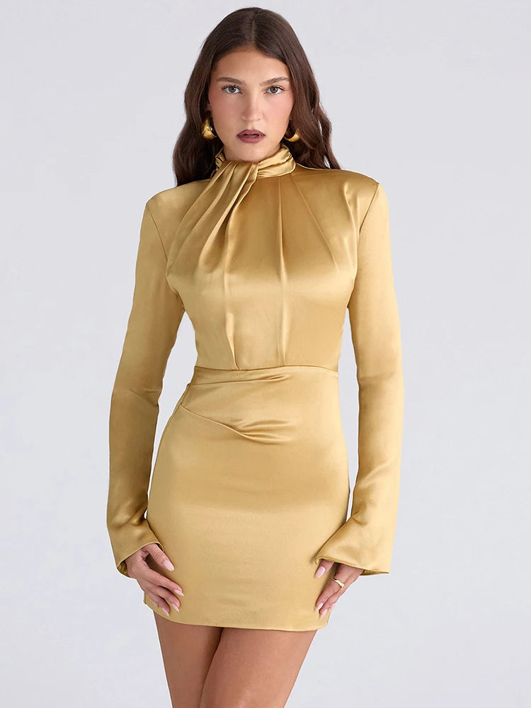 Ruched Satin Turtleneck Dress - Citrine Yellow