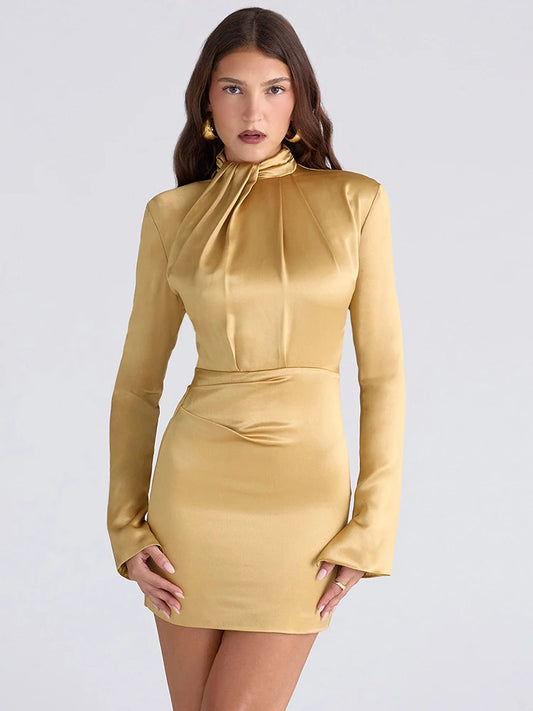 Citrine yellow ruched satin turtleneck dress with elegant gathered detailing
 Citrine yellow ruched satin turtleneck dress with elegant gathered detailing