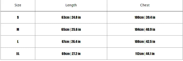 Table displaying size chart for length and chest measurements in centimeters and inches.