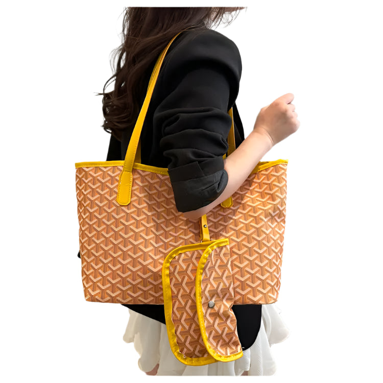 patterned handbag with yellow accents