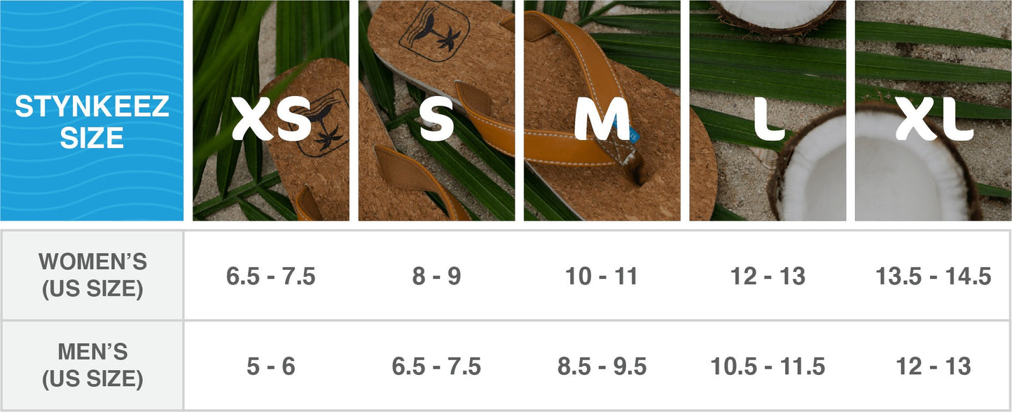 Size chart for Stynkeez sandals showing various sizes with corresponding measurements.