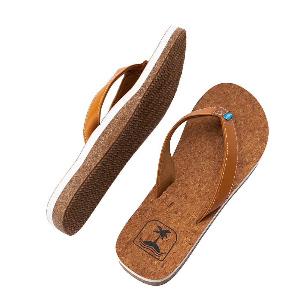 Brown flip-flops with a logo