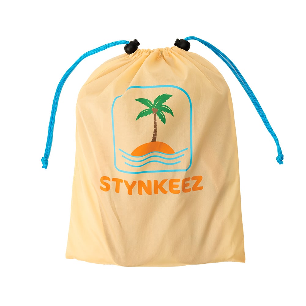 Beige drawstring bag with palm tree design and 'STYNKEEZ' branding on a white background