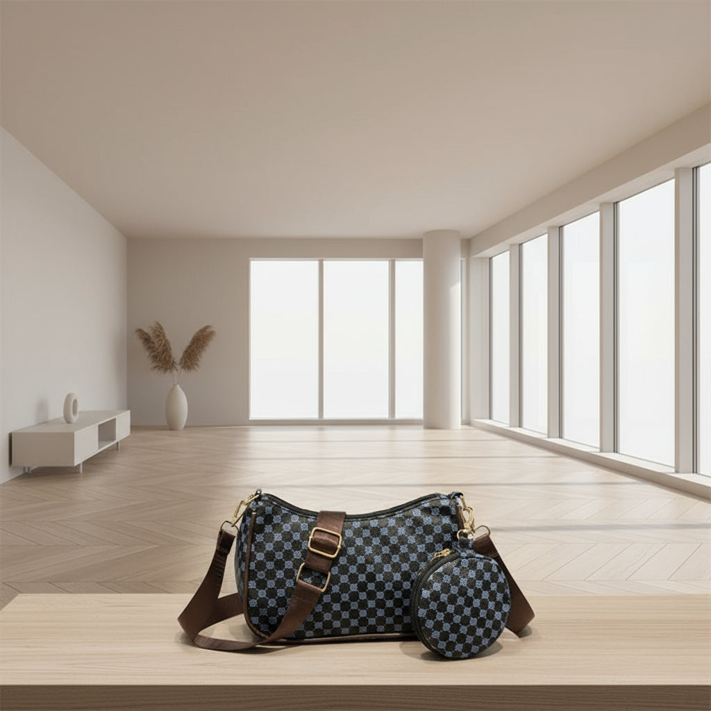 Blue retro messenger bag with adjustable crossbody strap and flap closure