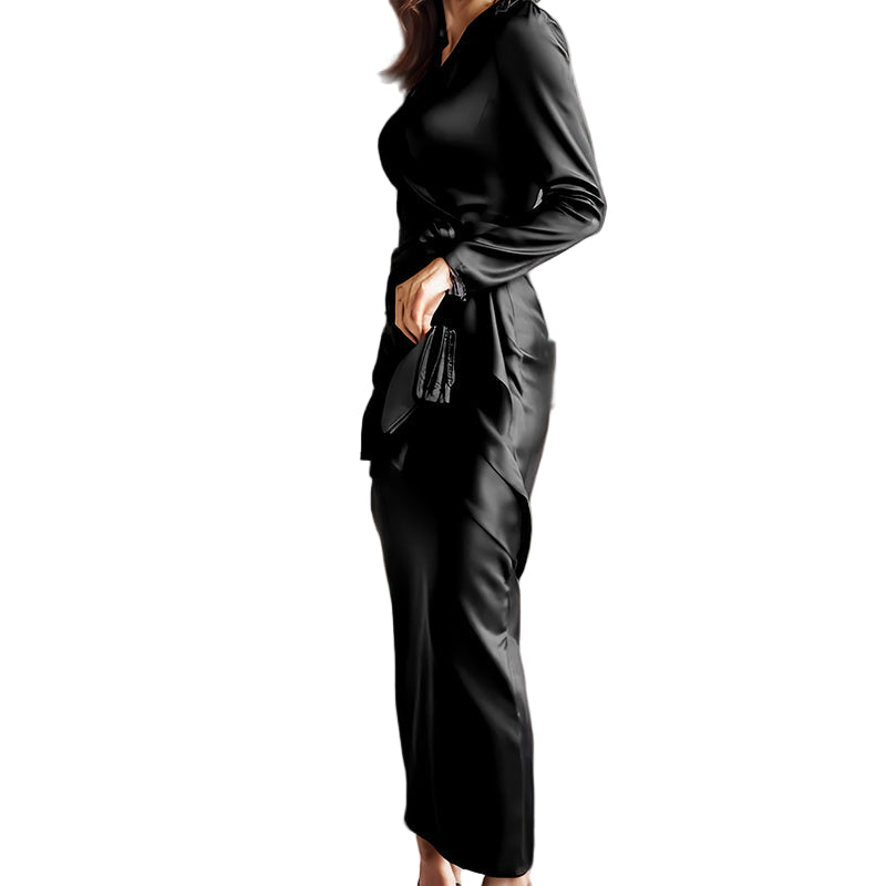 Black bodycon satin dress featuring V-neckline and waist belt