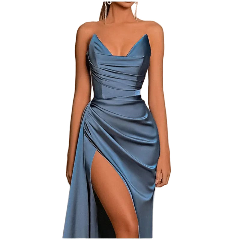 Blue strapless gown with a high slit