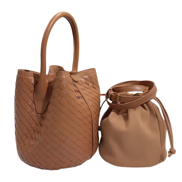 Two brown leather handbags, one woven and one drawstring,