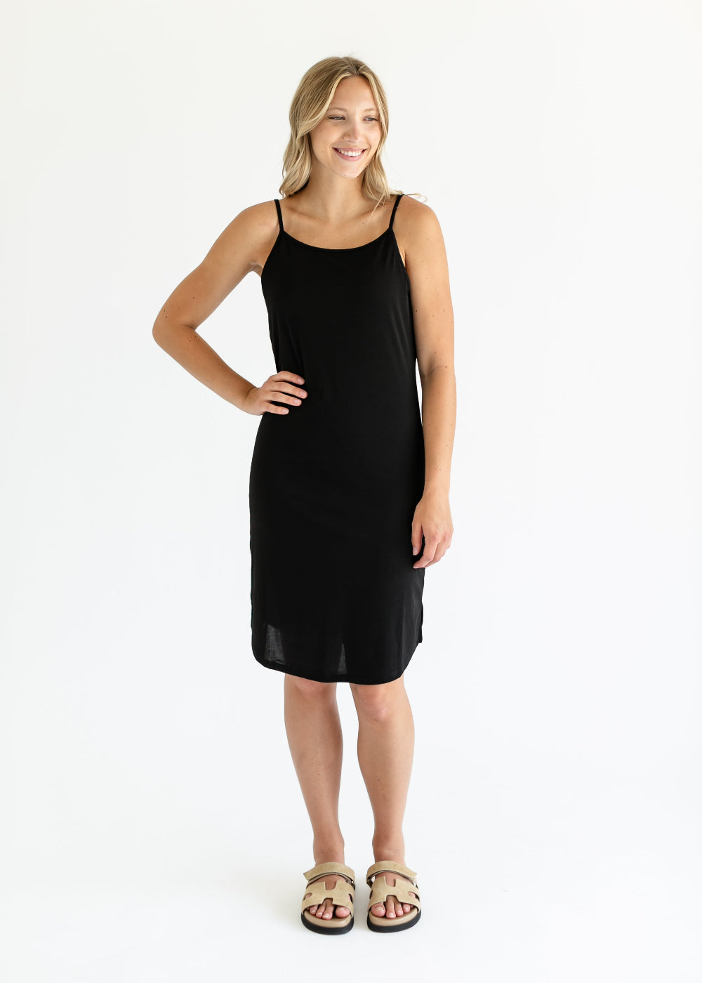 Black adjustable slip for layering under sheer dresses