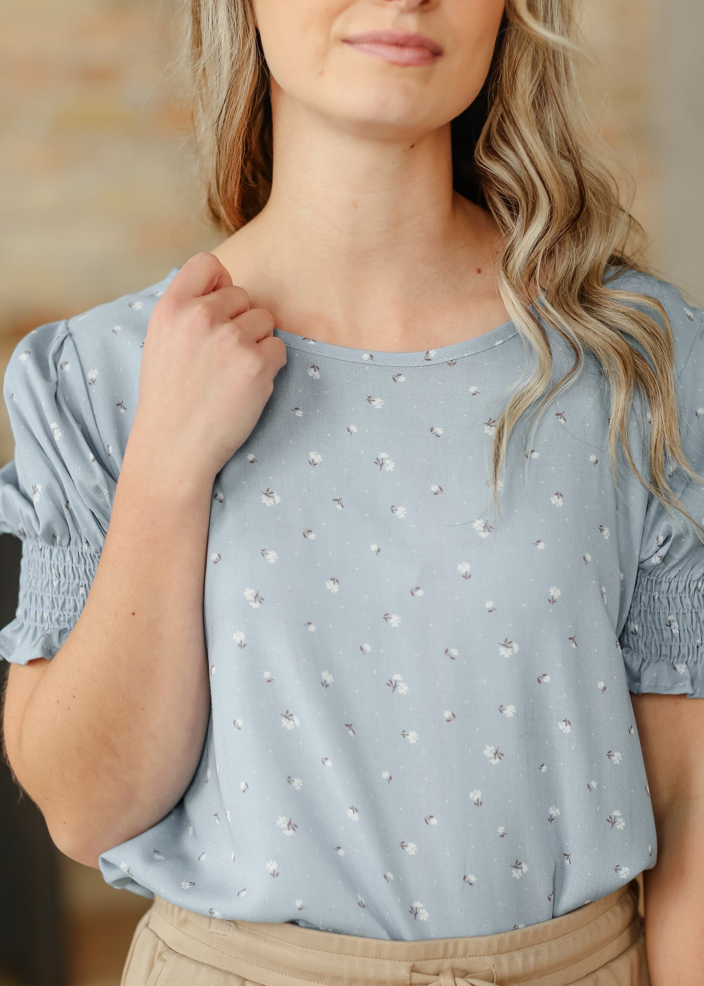 Floral print short sleeve top with elegant ruffle detail – made in the USA