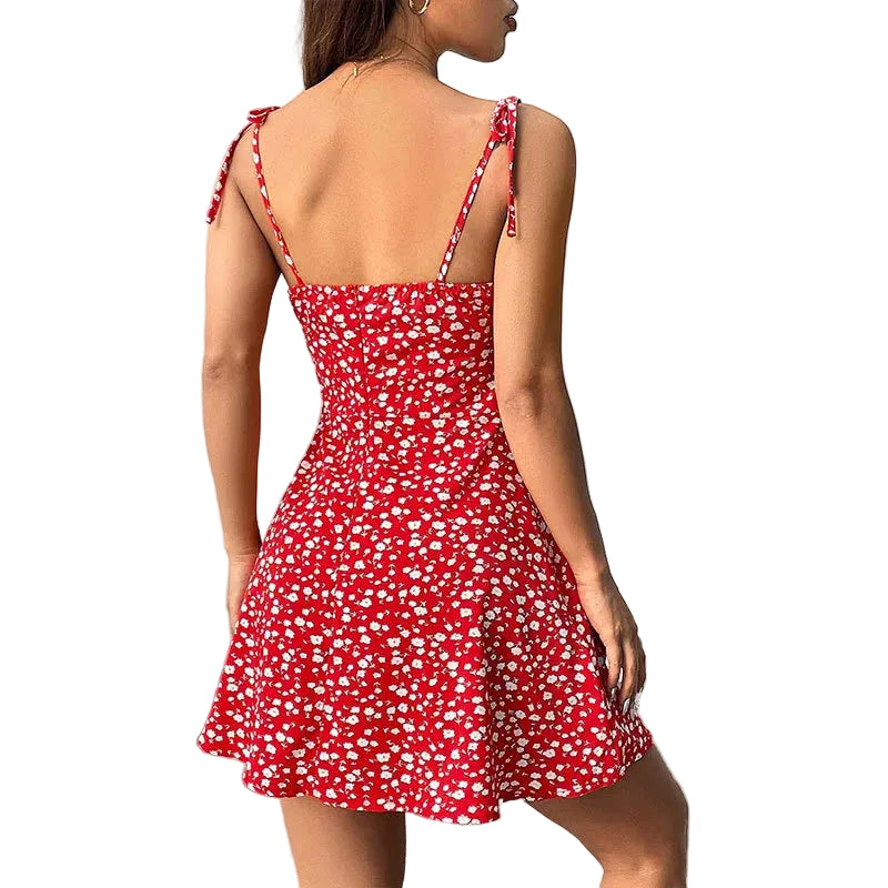 Red floral print tie-strap square neck A-line mini dress – back view, ditsy floral print and flared skirt