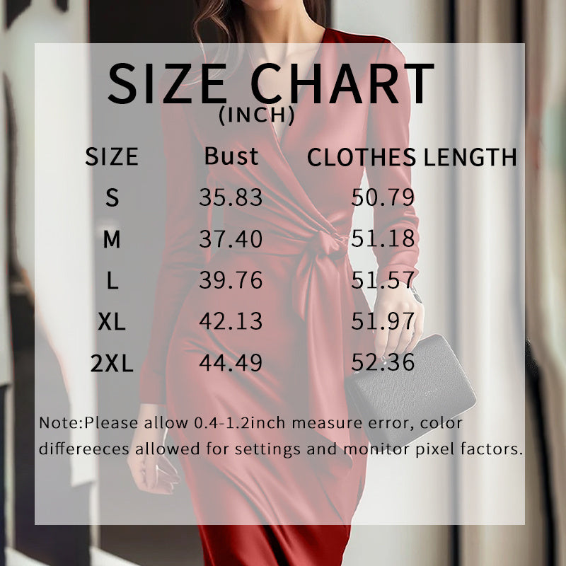 Size chart overlay on a blurred background with a person wearing a red dress.