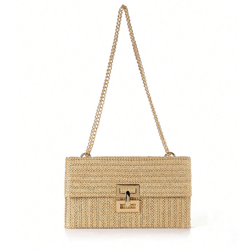Beige straw handbag with a chain strap