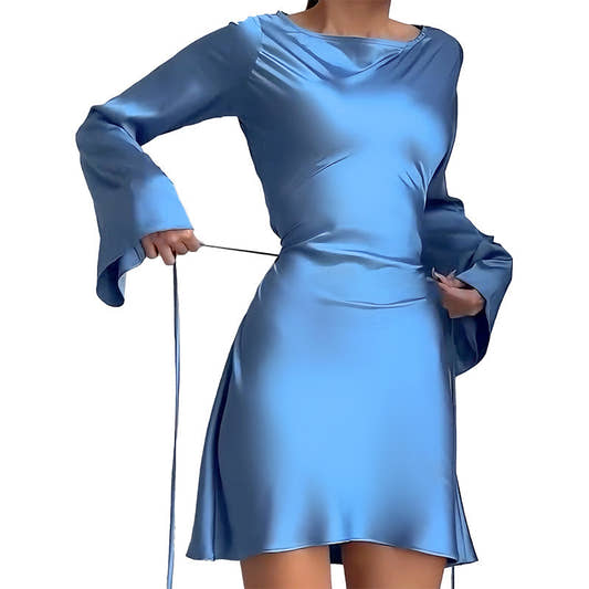 Satin Tie-Back Bell Sleeve Mini Dress – view 2 Satin Tie-Back Bell Sleeve Mini Dress – view 2