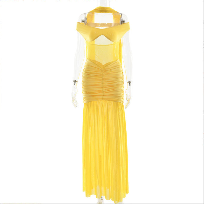 Off-Shoulder Mesh Gown - Ruched High Slit