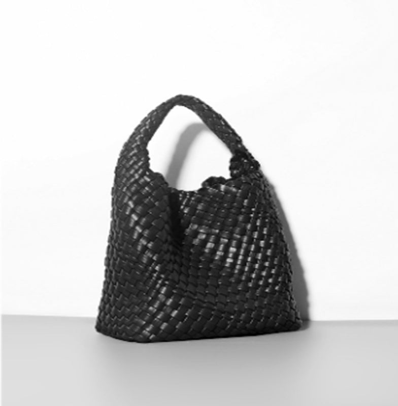 Black leather woven handbag
