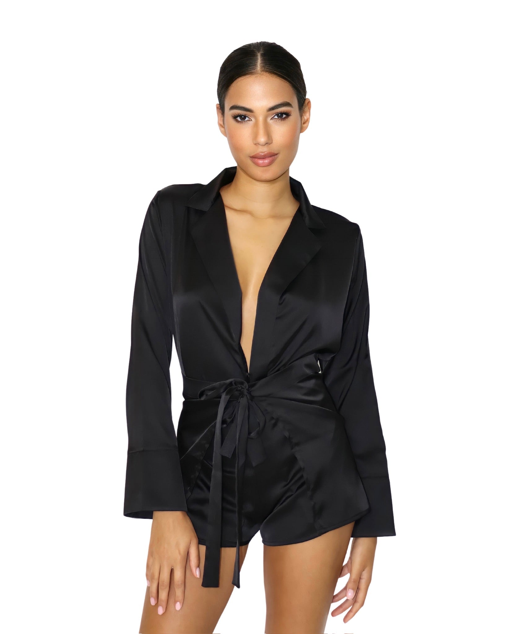 Black satin blazer top worn wrapped as blouse