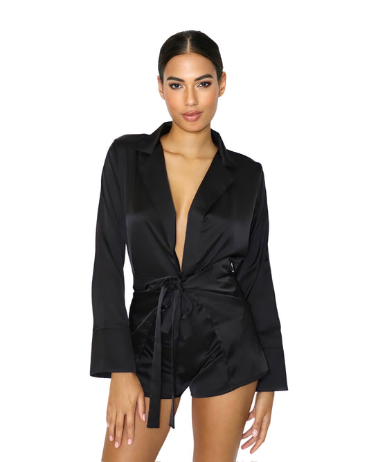 Black satin blazer top worn wrapped as blouse Black satin blazer top worn wrapped as blouse