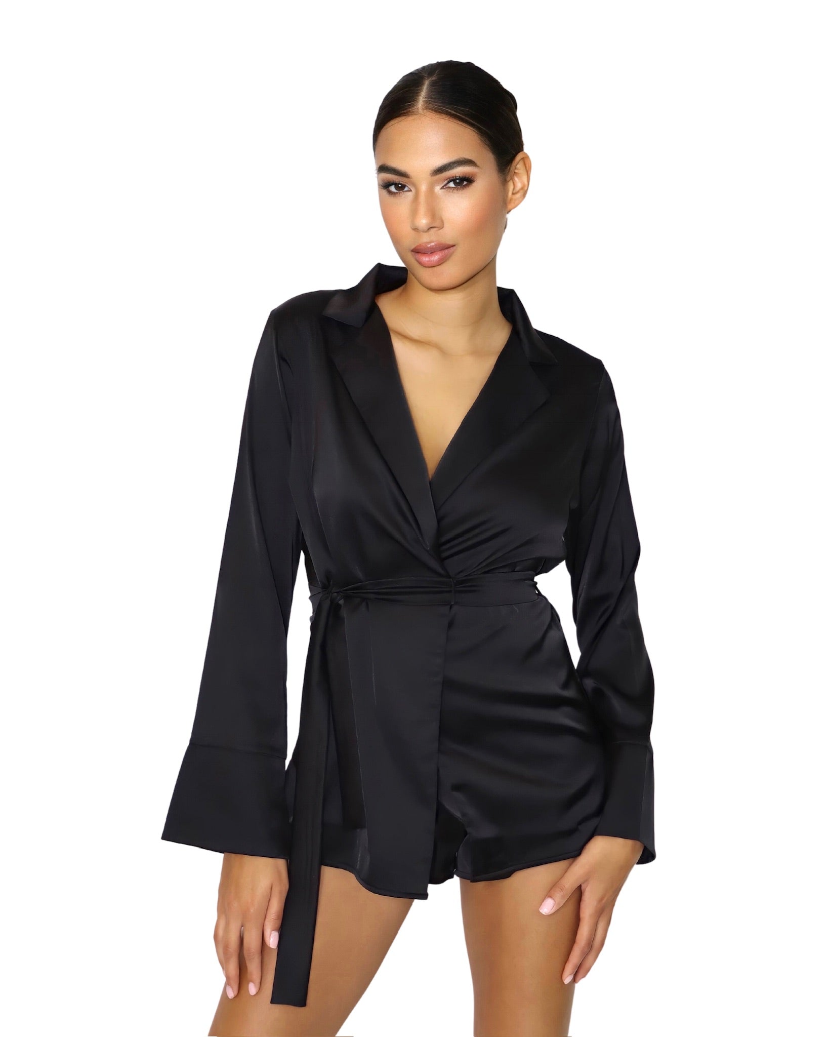 Blackl blazer worn open as a jacket