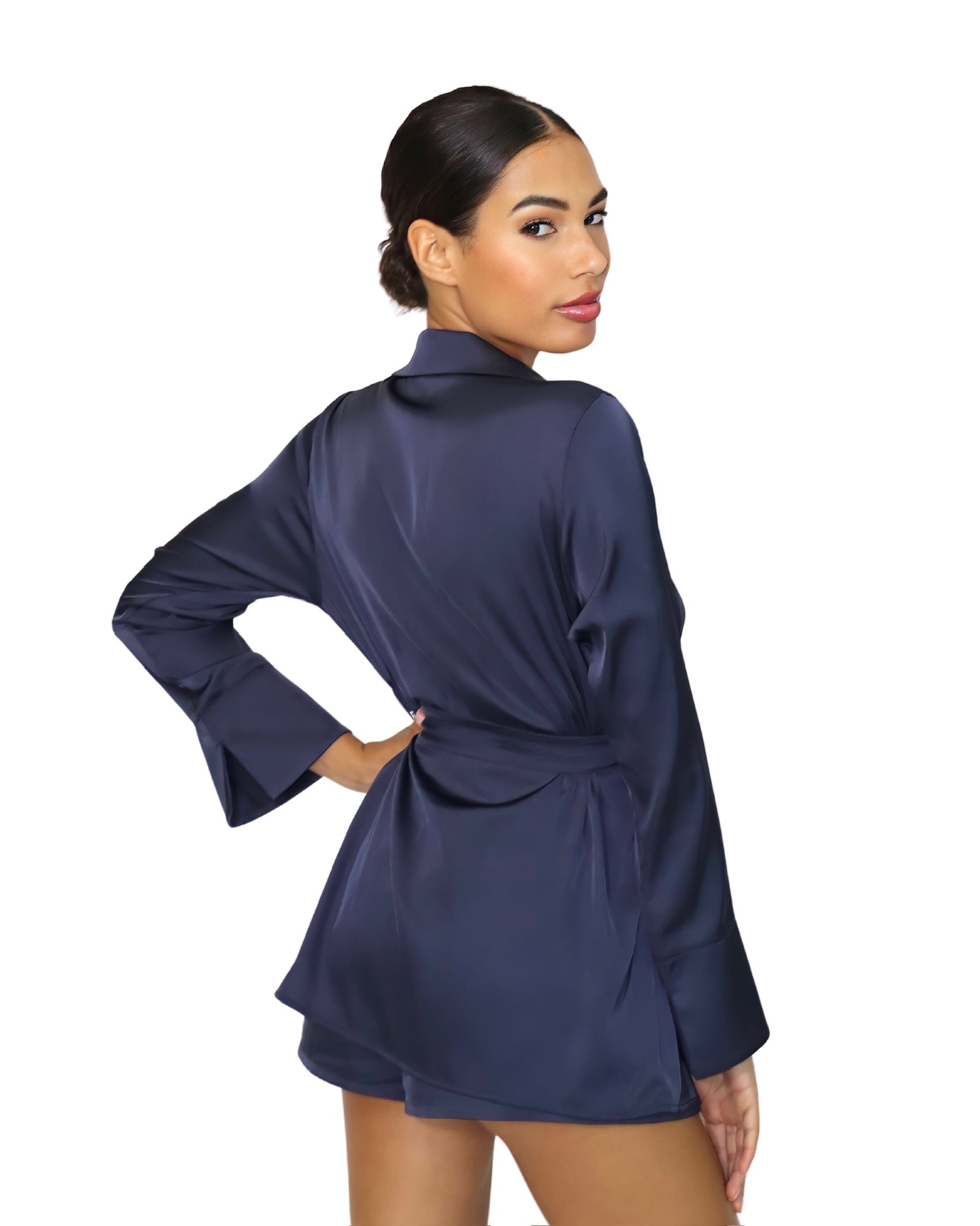 Elegant blue steel blazer top for women with luxe collar detail