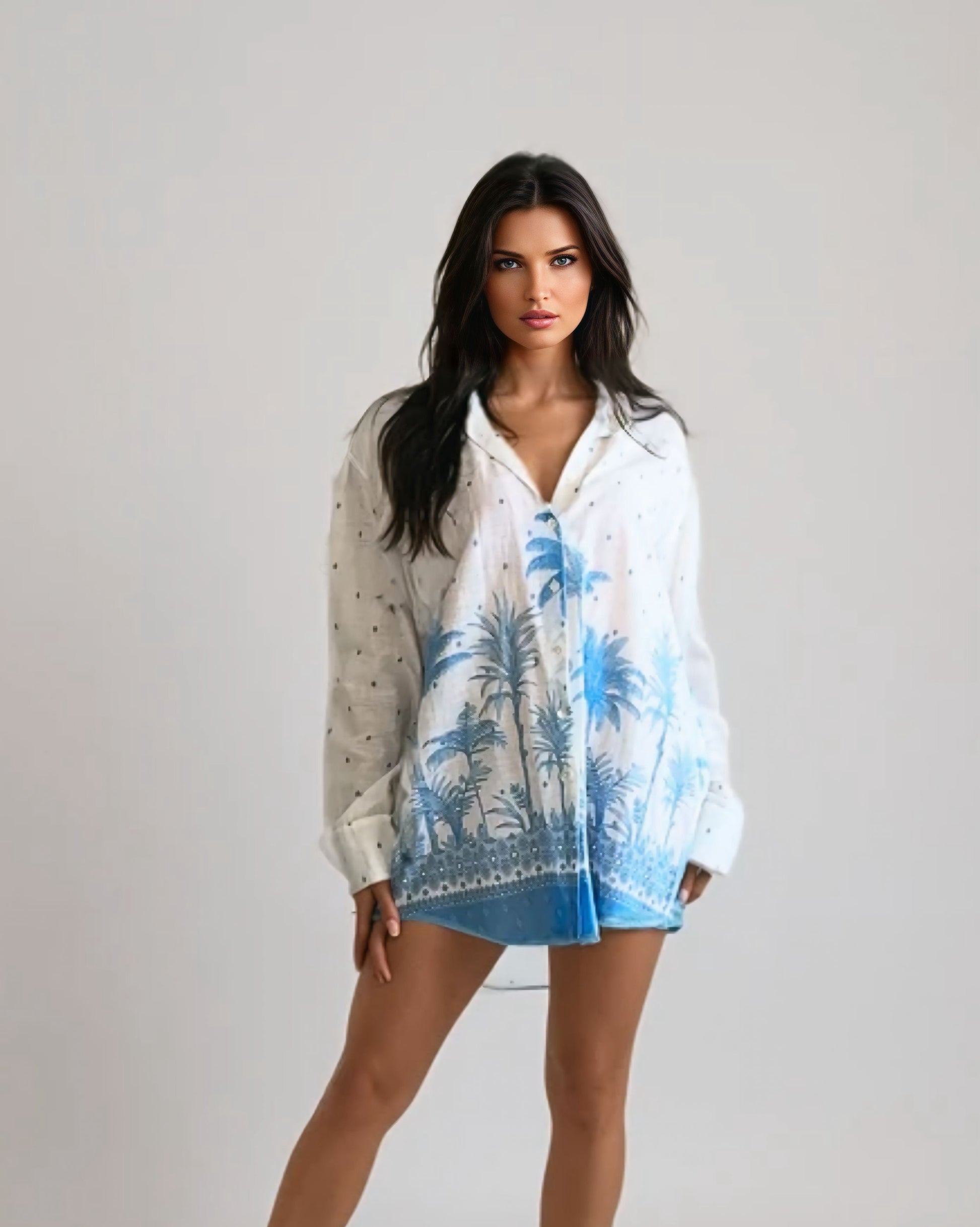 Woman wearing a white blouse with blue palm tree pattern and denim shorts