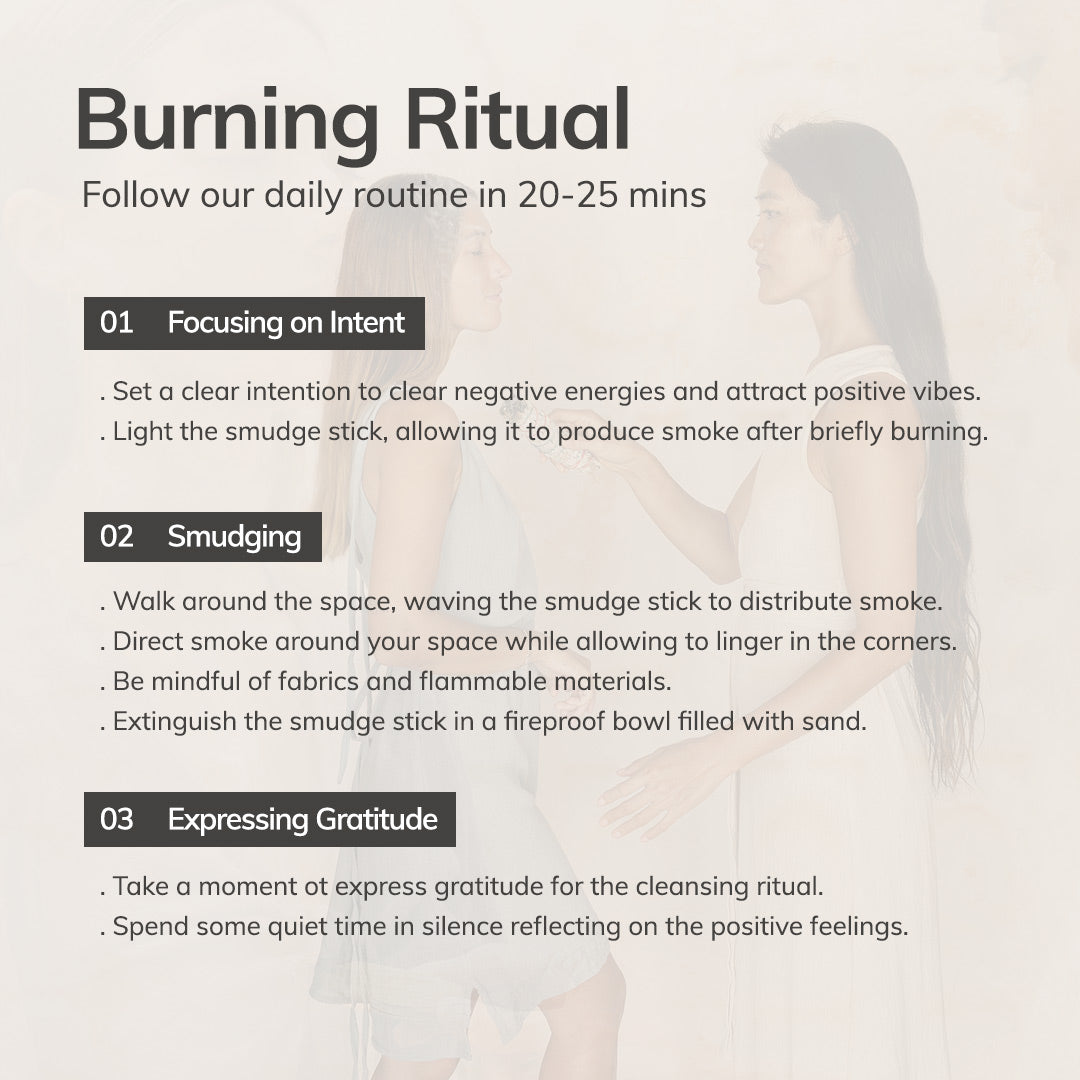 Textual guide for a 'Burning Ritual' with a woman holding a smudge stick on a light background.