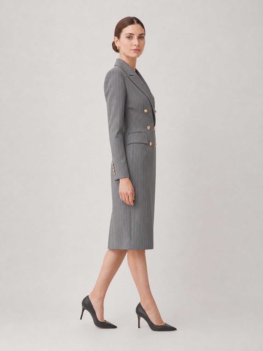 Grey Pinstripe Double-Breasted Blazer Midi Dress – view 3