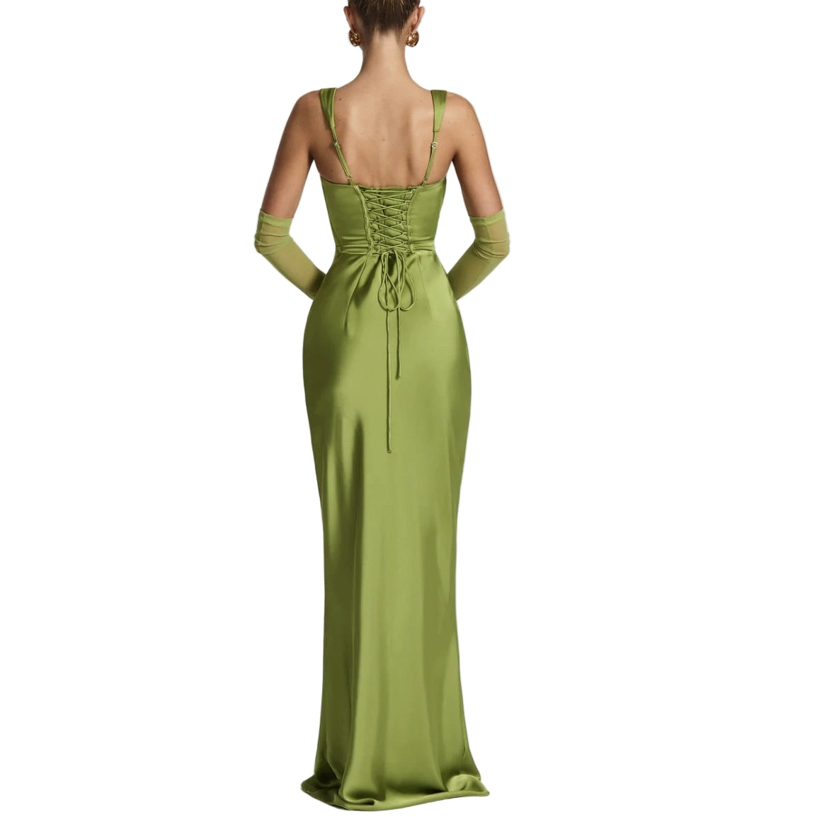 Back of the best Green evening gown w on a white background and gloves matching