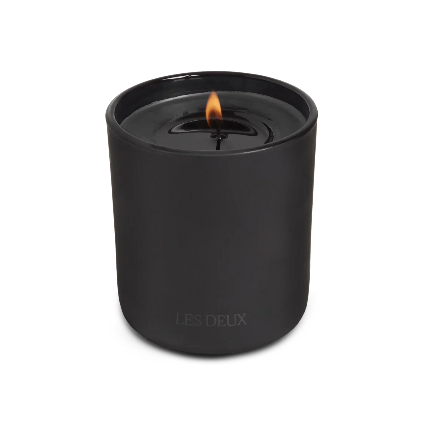 Les Deux Black candle in a container