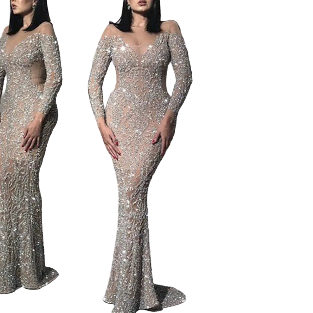 Silver sequin embellished long sleeve midi dress – full length front view, festive holiday party Christmas dress women