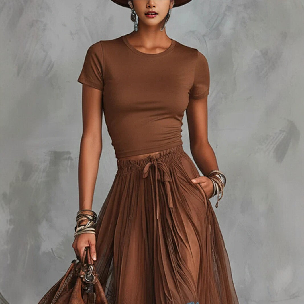 Short-sleeve Top And Lace-panel Midi Skirt Set