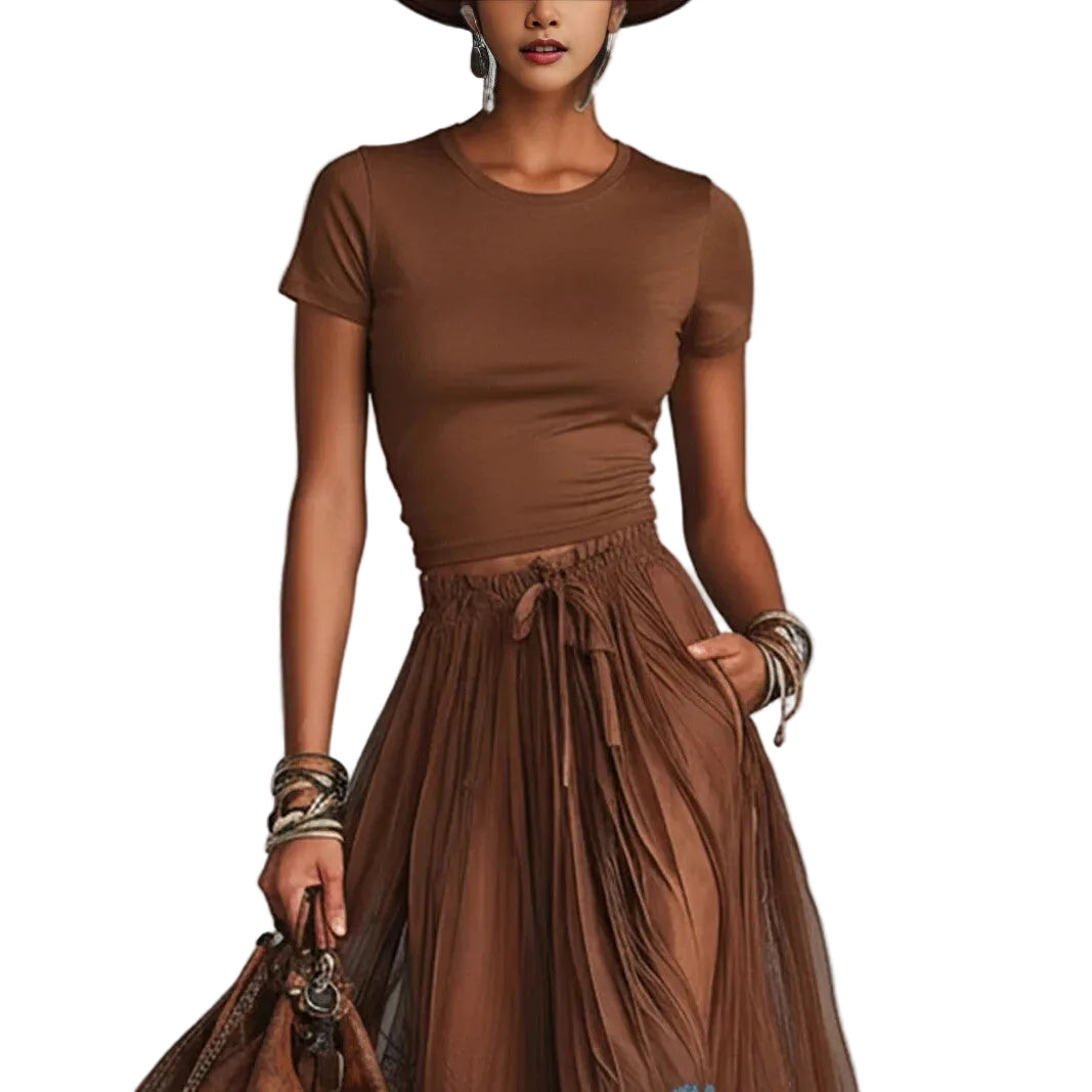 Brown crop top lace midi skirt two-piece set women boho casual