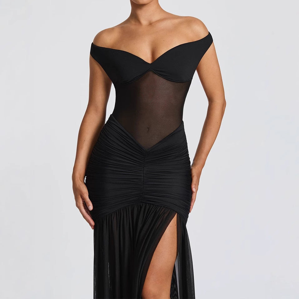 Off-Shoulder Mesh Gown - Ruched High Slit