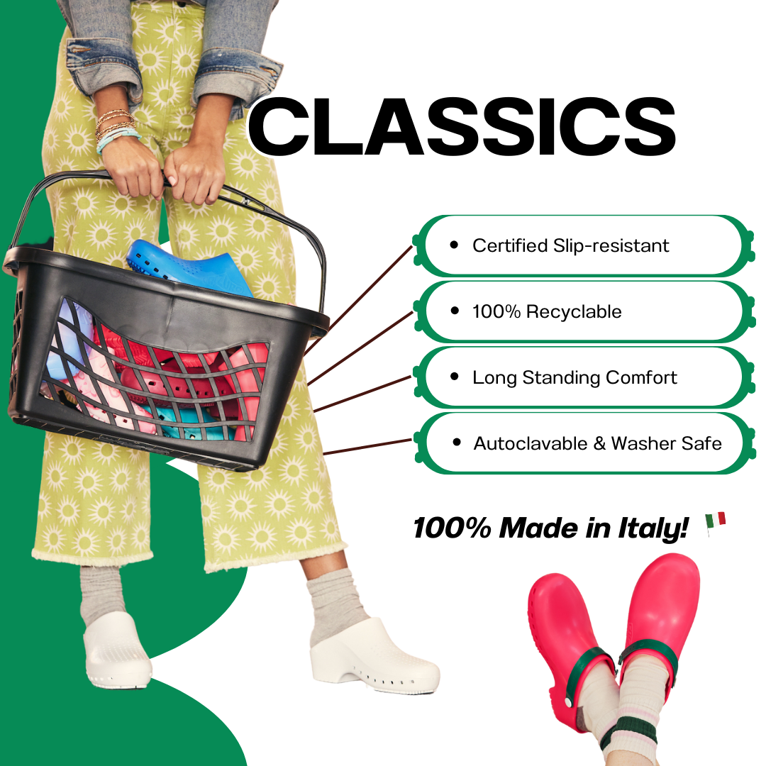 Person holding a black basket with colorful items, wearing green shoes, .
