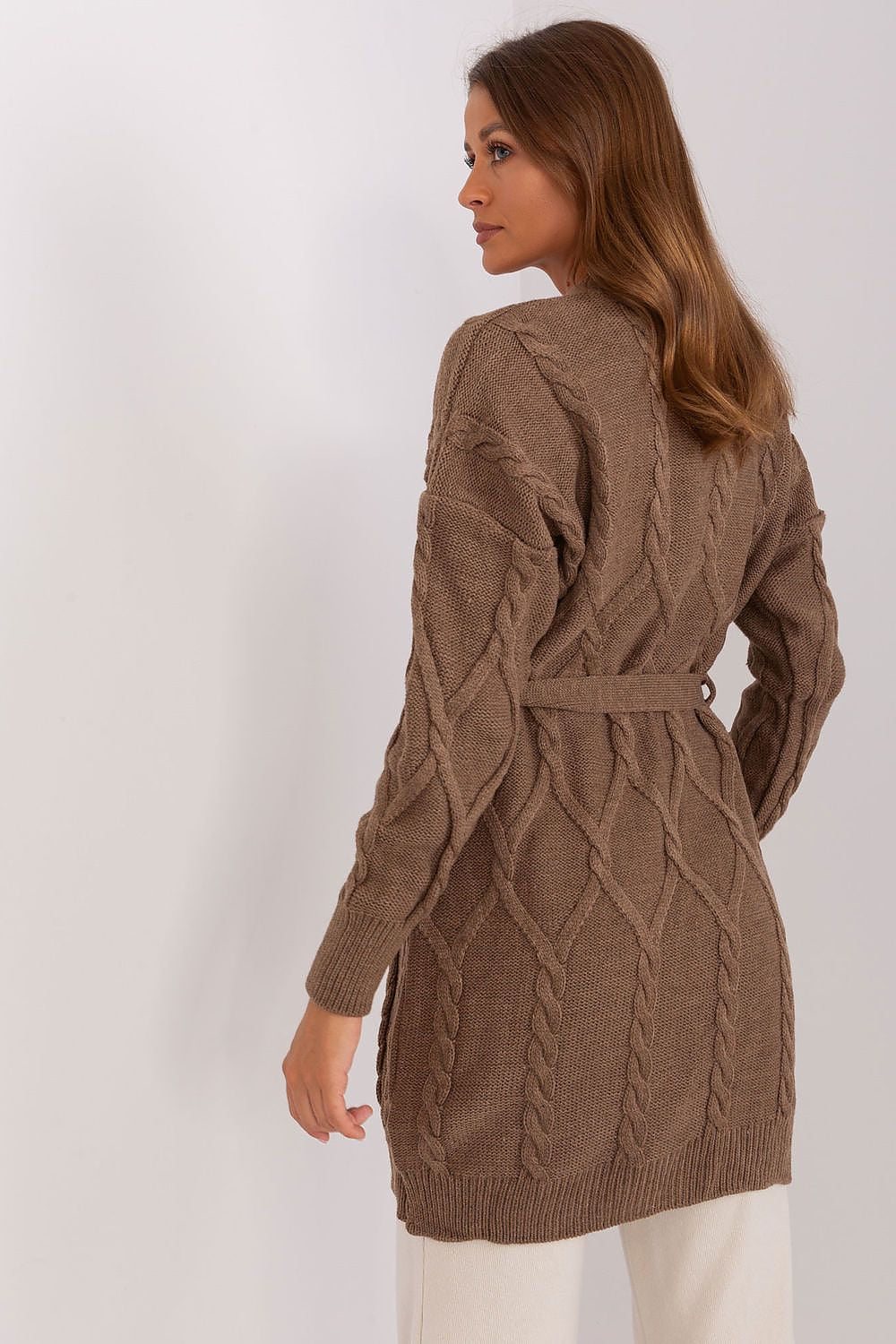 Back view of stylish belted brown cardigan for everyday wear