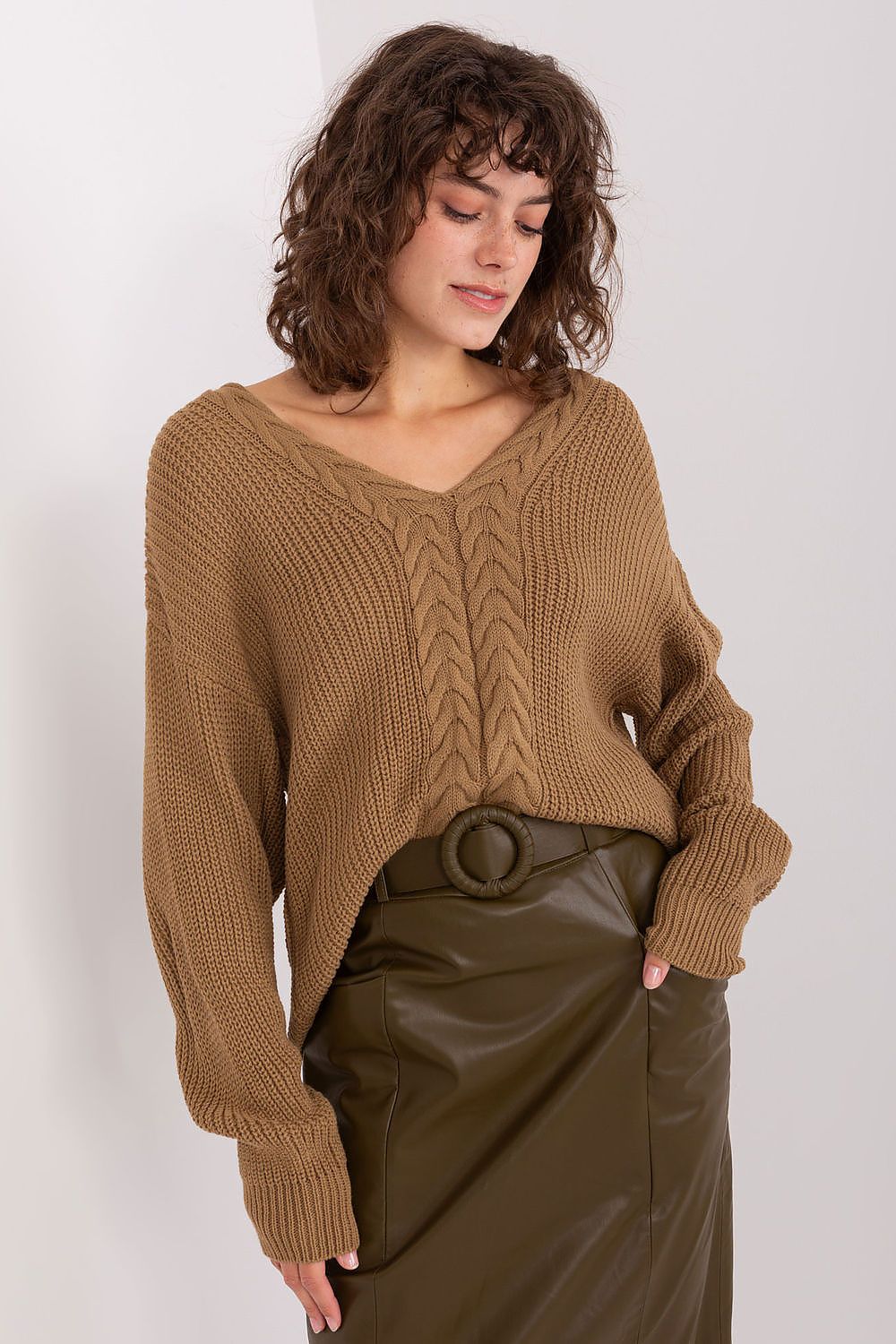 Women's textured V-neck sweater in soft acrylic