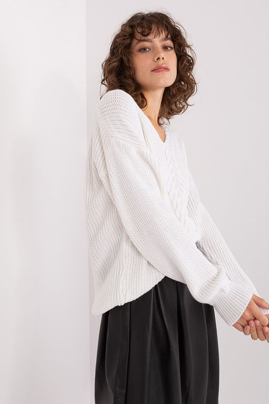 Elegant white textured V-neck sweater with long sleeves  Elegant white textured V-neck sweater with long sleeves
