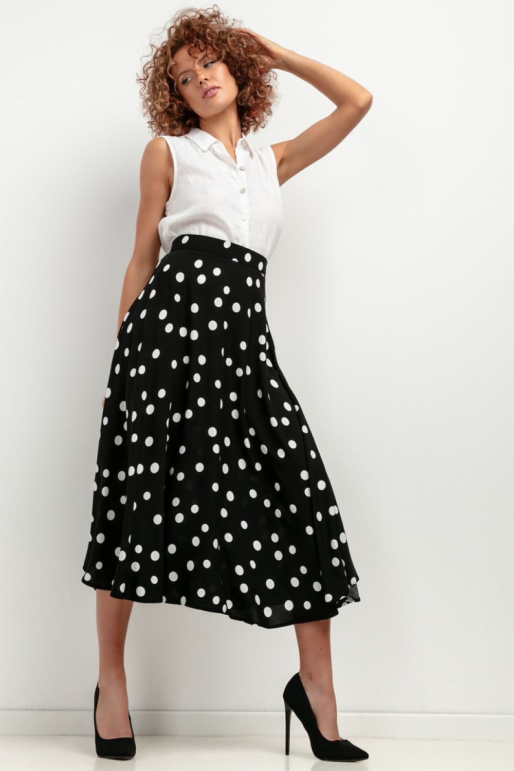 comfortable summer maxi skirt 100% viscose in black and white polka dot