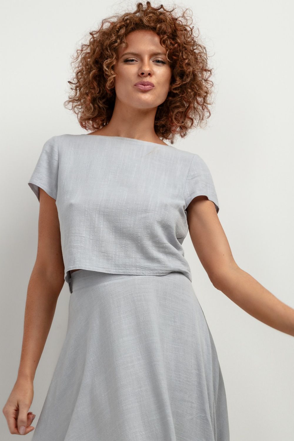 soft grey viscose‑linen blend breathable top