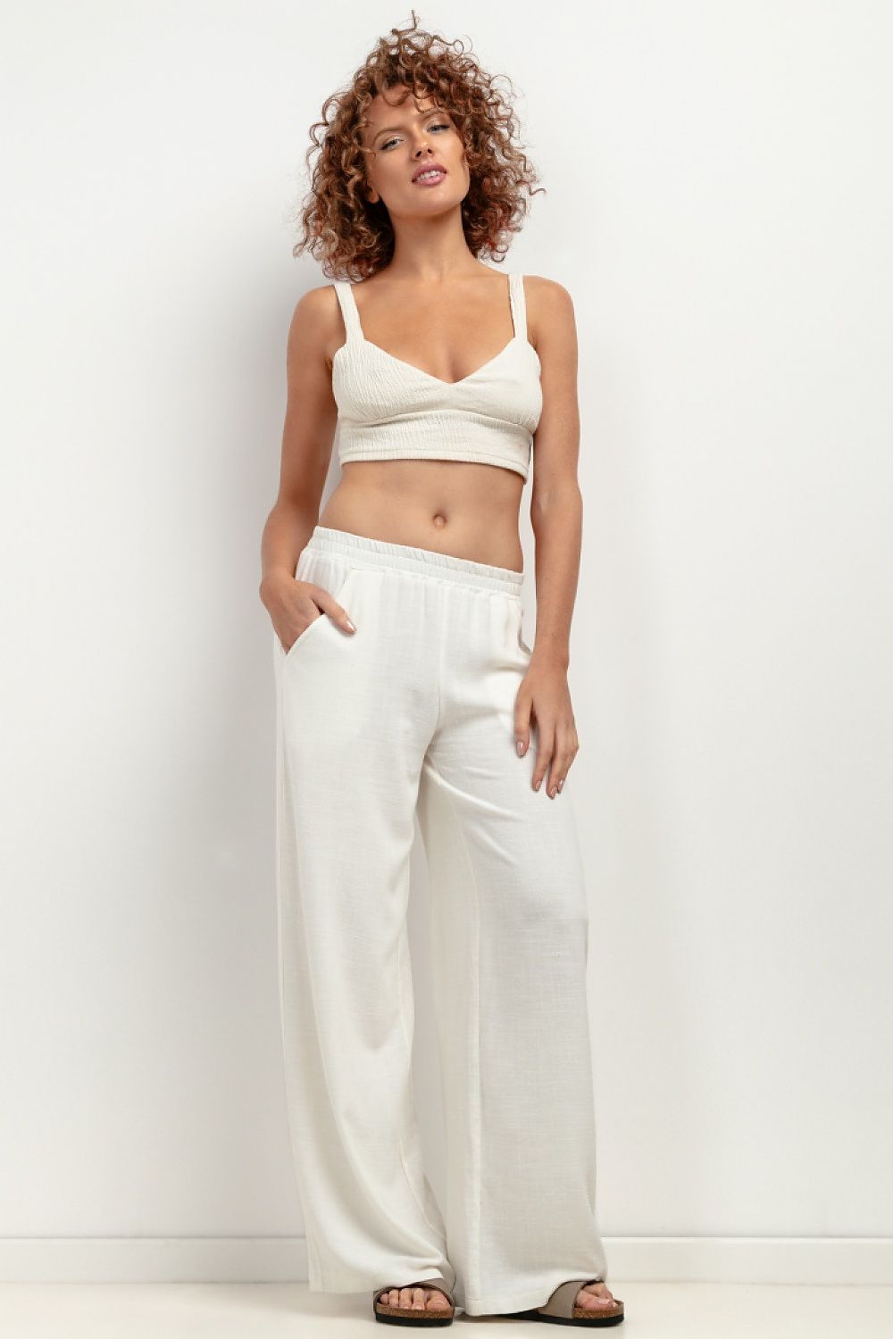 Wide-leg white linen trousers with soft European fabric