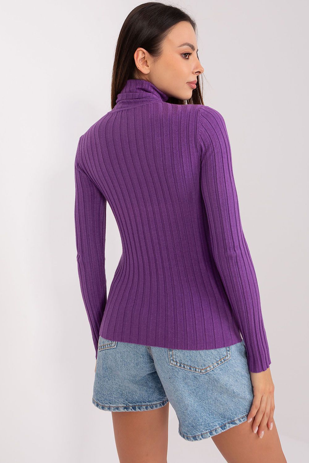 purple ribbed sweater and denim shorts