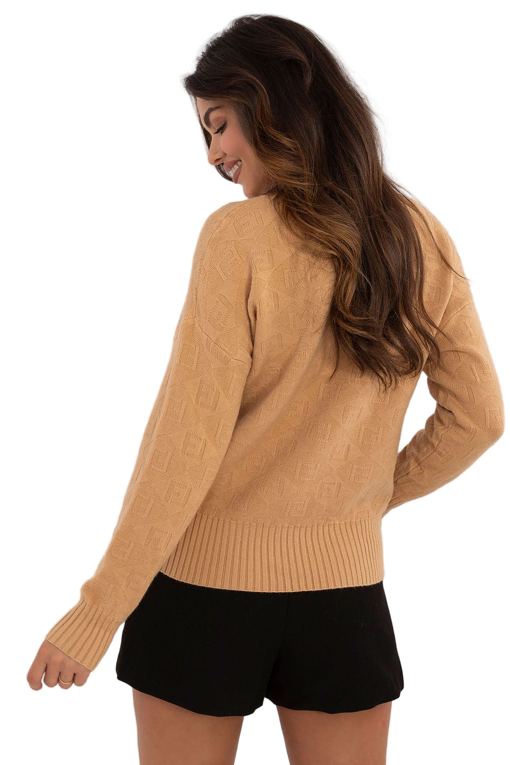 Half turtleneck sweater showing comfortable standard length fit