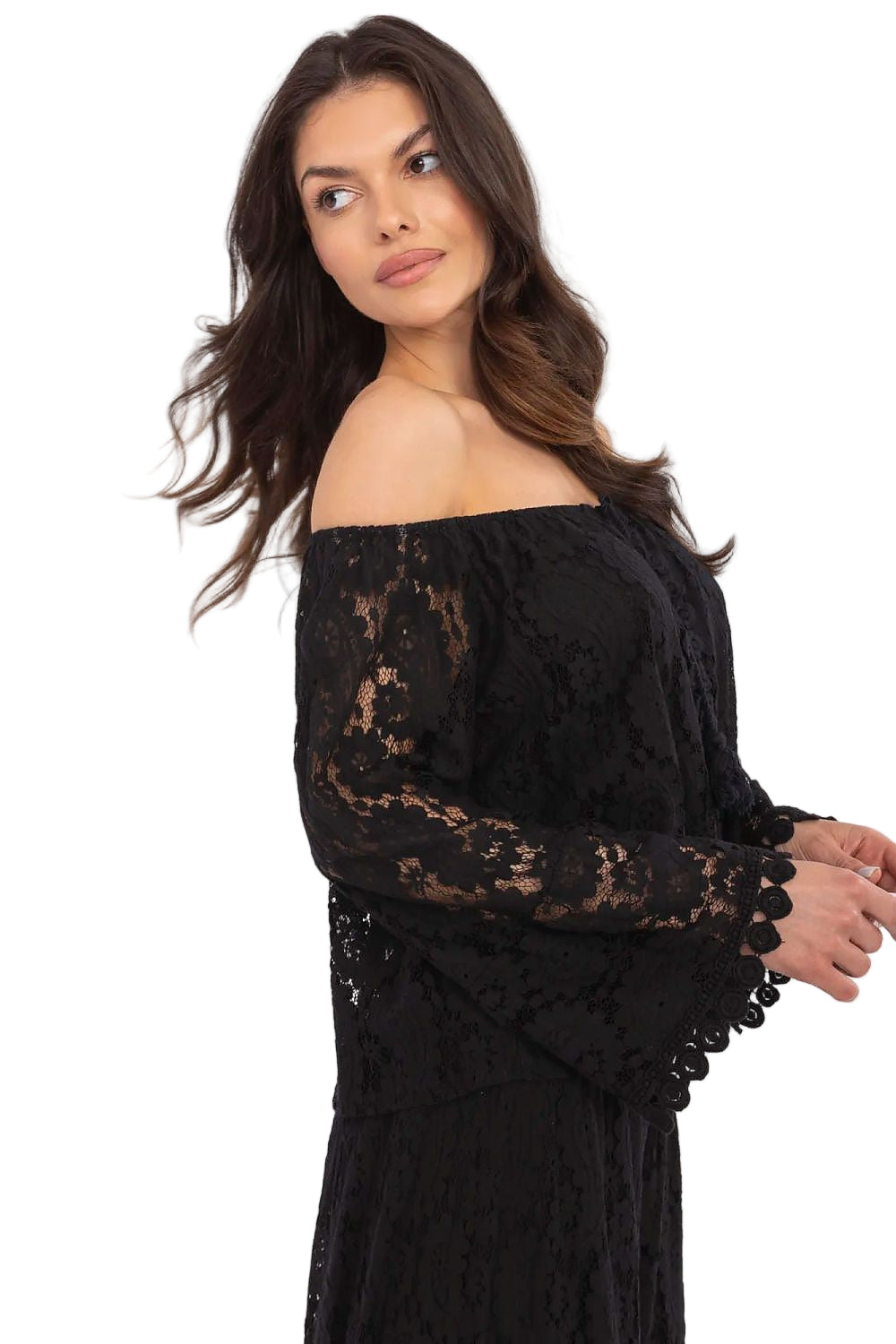 Woman wearing an elegant black lace off-shoulder top