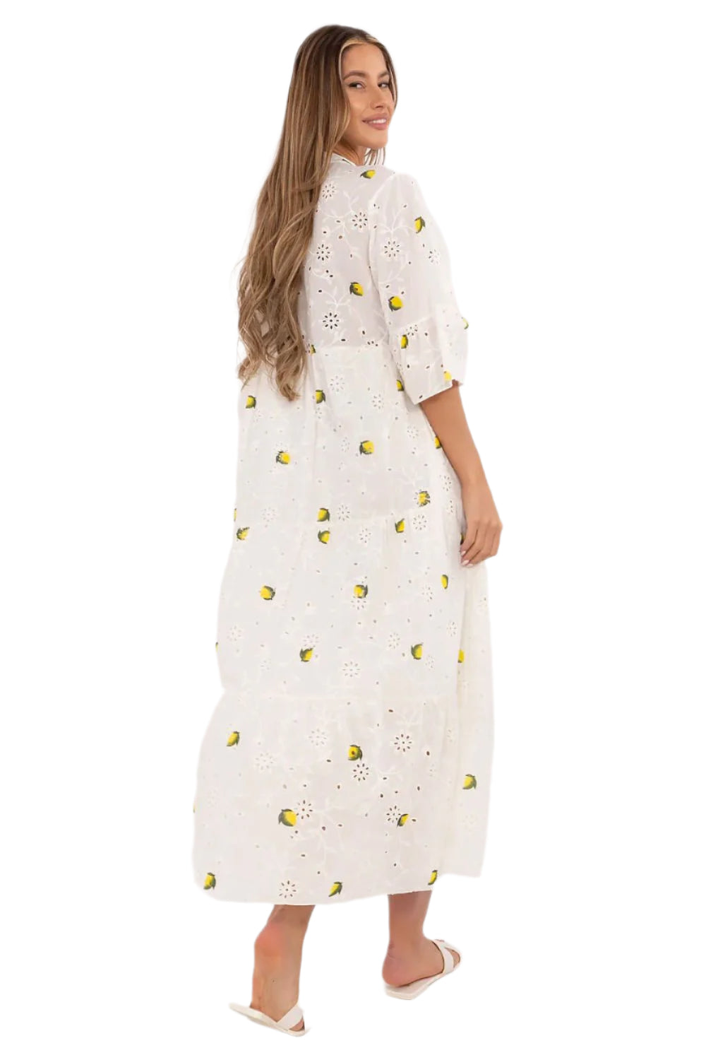 lemon print maxi white dress featuring lace details