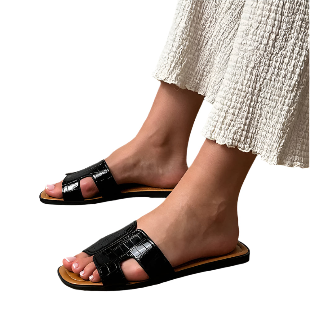 trendy black leather sandals open toe