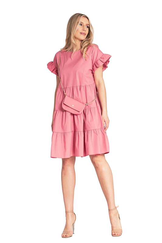 Cotton mini dress with ruffles and matching chain bag - front view Cotton mini dress with ruffles and matching chain bag - front view