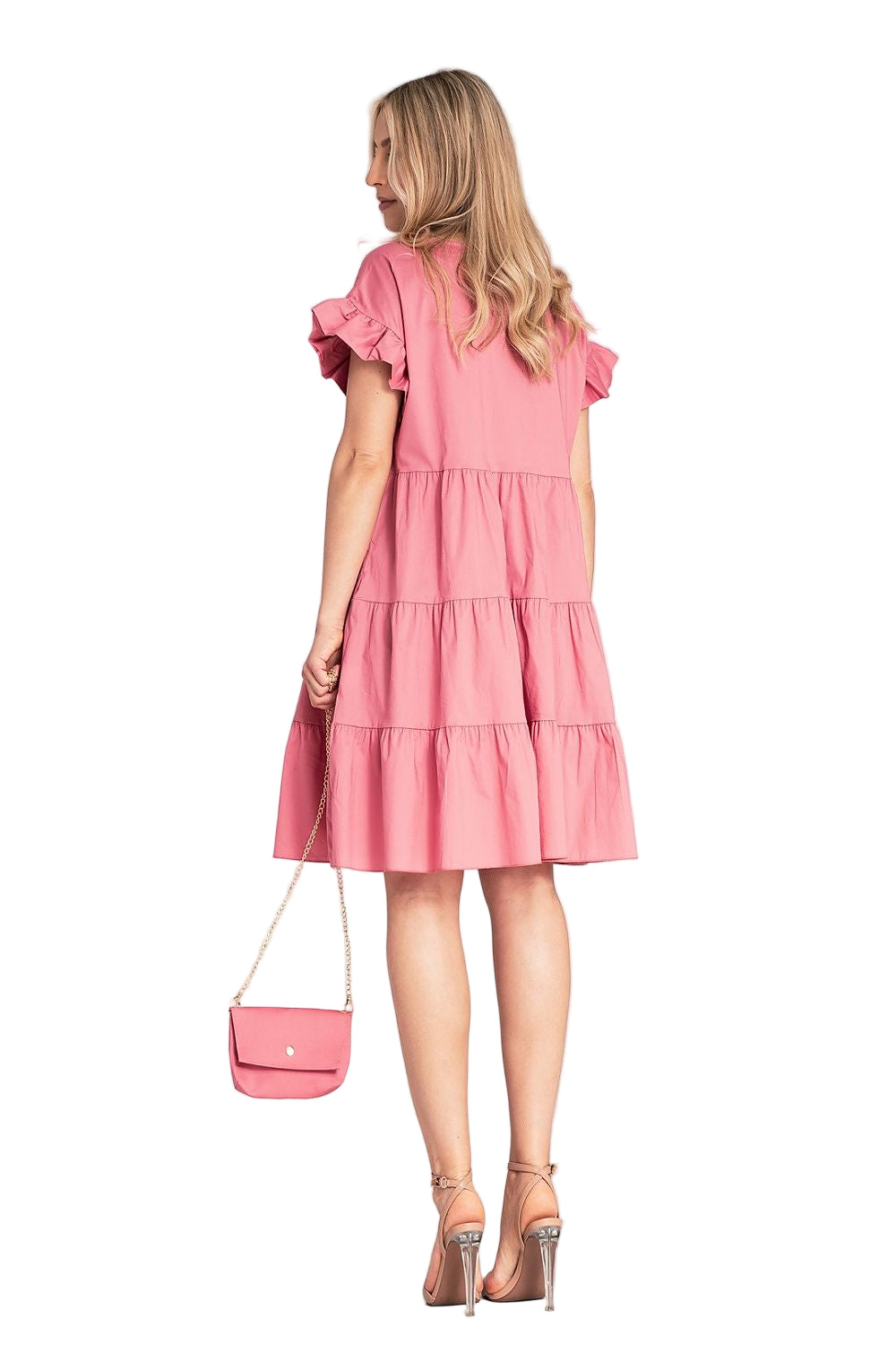 Cotton mini dress back view showing flared bottom silhouette