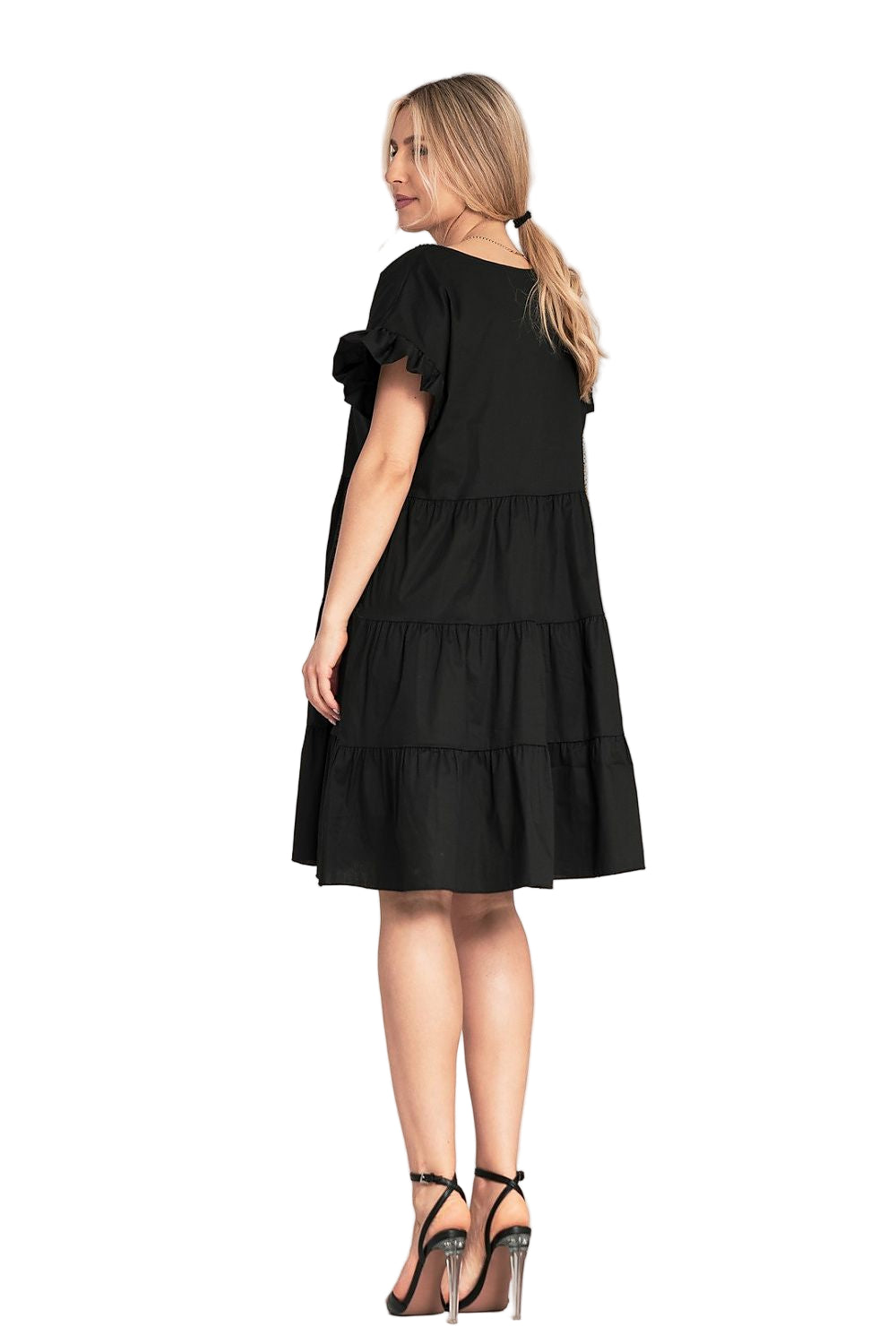 Ruffle mini dress rear angle with loose comfortable fit