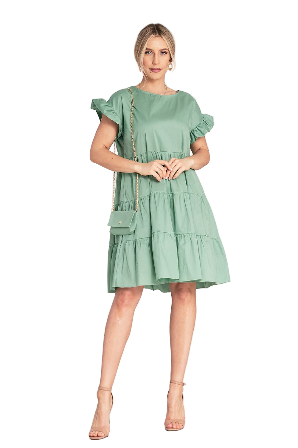 Decorative ruffle sleeves detail on cotton mini  pastel green dress